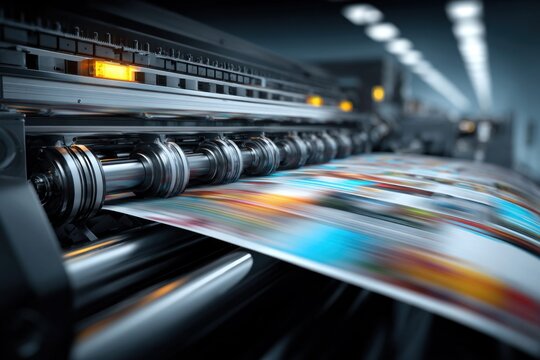 Close-up of a high-speed printing press in action, producing colorful printed materials