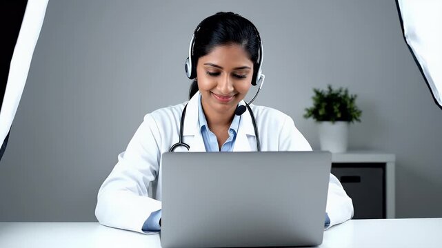Happy female doctor in a white coat working on laptop in clinic