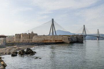 Fototapeta premium Rio Fortress with the Rio–Antirrio Bridge, Patras, Greece