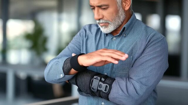 Faceless older individual resting hand in functional brace, defocused rehabilitation clinic, image conveying vulnerability, strength and recovery, therapeutic support, with copy