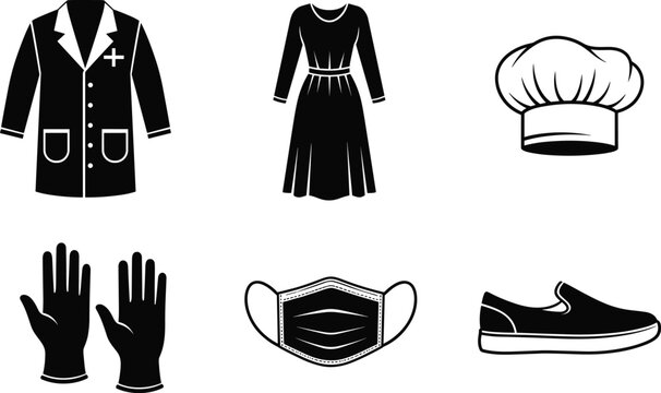 Medical and professional workwear silhouette icon set including lab coat face mask gloves chef hat and dress for flavector brand