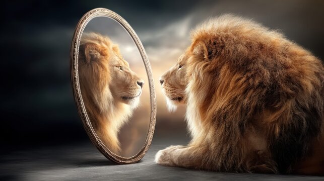 Majestic lion gazes into a mirror, reflecting its own powerful image and regal presence