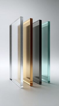 Four different types of glass samples displayed in a row with varying colors and textures