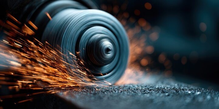 Close-up of a grinding wheel creating sparks during metalwork in a dark workshop
