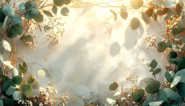 温かい木漏れ日が白壁に揺らぐ、淡いグリーンのユーカリと細やかなテクスチャが調和したボタニカルな風景