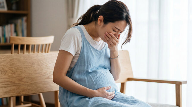 A young pregnant woman experiencing morning sickness at home. She is feeling unwell, holding her hand over her mouth