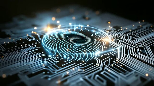 Glowing fingerprint pattern with circuit board details, abstract cyber tech security concept, digital identity access control with biometric authentication, information technology