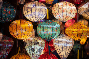 Colorful Traditional Vietnamese Lanterns Displayed at Night Market Festival