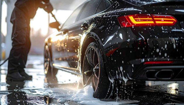 Soapy, black car getting a wash, rear view, with a worker washing it outside under a carport with light