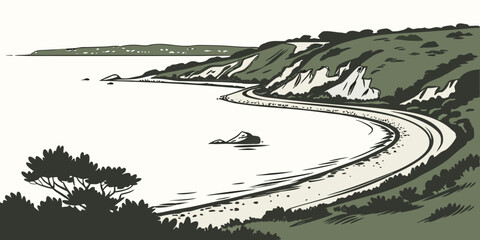 A serene beach scene with gentle waves and a rocky coastline under a cloudy sky Vector © MD MOGAMMEL HAQUE 