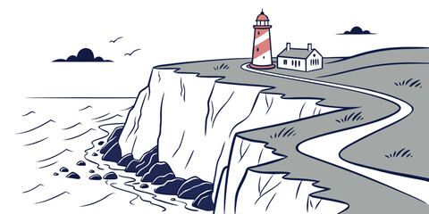 A lighthouse stands tall on a rugged cliff overlooking a stormy sea. Vector © MD MOGAMMEL HAQUE 