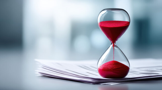 Red hourglass on paperwork symbolizes deadlines time passing tariffs in business planning