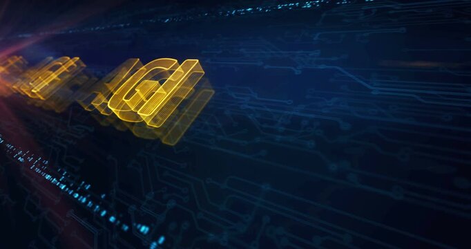 Artificial general intelligence hologram symbol appears on a electronic circuit background. Network, cyber technology and computer abstract concept.