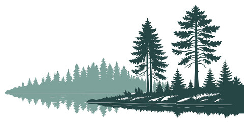 A serene forest landscape with trees reflecting on a calm body of water Vector © MD MOGAMMEL HAQUE 