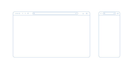 Browser window outline light for web pc and mobile phone. Browser screen mockup for desktop, pad and computer. Screen frame with arrow and menu icons and search line, vector illustration. © viktoria_ngm