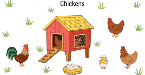 Adorable Farm Illustration Set Featuring a Red Wooden Chicken Coop with Roosters Hens a Small Chick and a Nest of Eggs in a Grassy Field. © MdAkramul