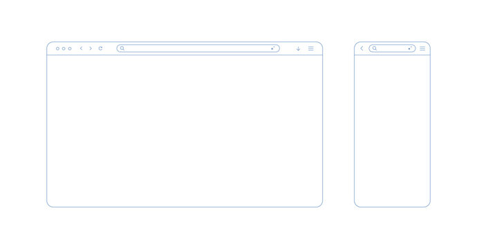Browser window outline light for web pc and mobile phone. Browser screen mockup for desktop, pad and computer. Screen frame with arrow and menu icons and search line, vector illustration.