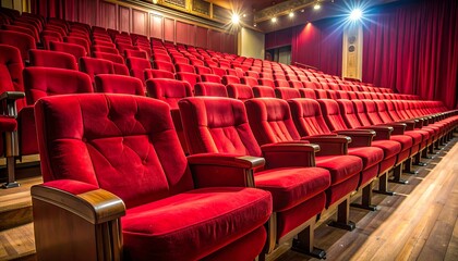 Rows of red cushioned seats in a theatre, leading to a lit stage. Wood panelling surrounds the seating area