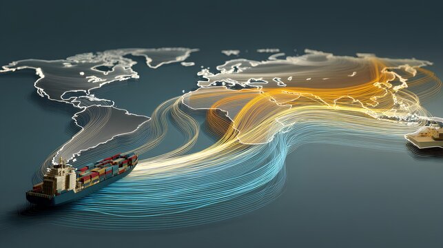 Global Shipping Network: Visualizing the intricate connections of global trade with a cargo ship navigating the world's waterways. Lines represent shipping routes.