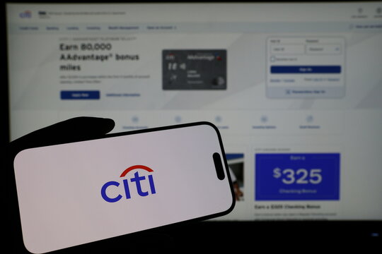 Kiel, Germany - 03-06-2026: Smartphone displaying US bank Citi Bank logo in front of companys webpage