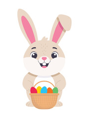 Fototapeta premium A cute bunny holding a wicker basket with colorful Easter eggs. Flat color vector illustration isolated on a white background