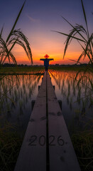 Fototapeta premium Distant figure with orange hat stands on wooden path amid rice field, with sunset colors, reflecting stillness and agricultural future, year 2026.
