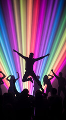 Silhouette of dancing person jumping, surrounded by other people, against a background of colorful light beams, representing freedom and celebration