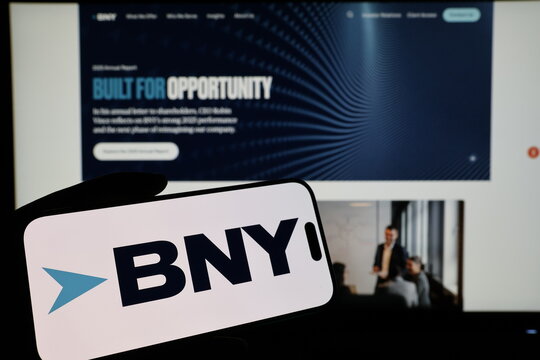 Kiel, Germany - 03-06-2026: Smartphone displaying US bank BNY logo in front of companys webpage