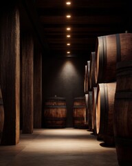 Fototapeta premium Wine cellar interior with wooden barrels in dark winery storage corridor with warm lighting