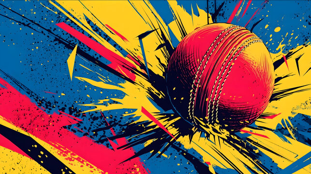 A modern abstract illustration of a red cricket ball with visible stitching exploding through dynamic geometric shapes Bold contrasting colors of blue and yellow ba