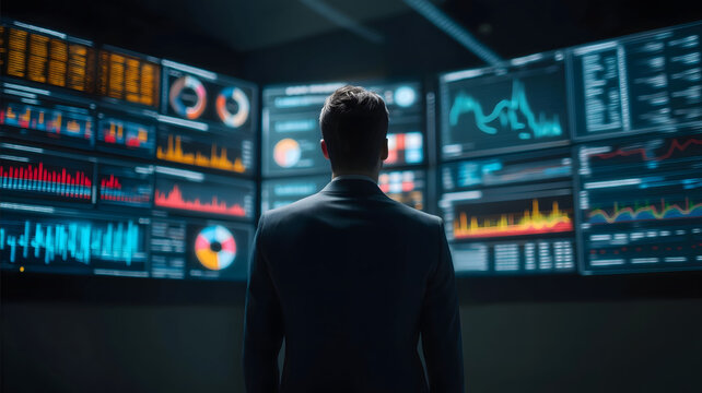 Professional data analyst standing in front of large analytics dashboard screens multiple charts and graphs displayed business intelligence and big data analysis co