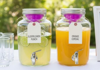 Two jars of flavored water with lemons and oranges on a table outdoors