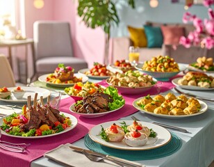 A lavish dining table set with an array of delicious food, including lamb chops, roasted meats, and various appetizers, prepared for a festive gathering.