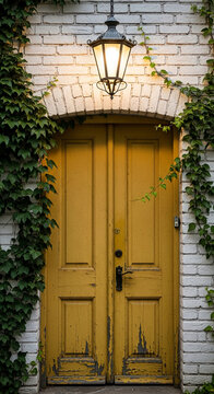 Illuminated lamp above yellow door flanked by ivy-covered brick wall, creating rustic and inviting entrance, symbolizing welcome, history, and charm