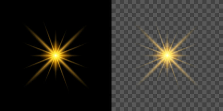 Yellow star flashed with sparkles sun isolated on png background. Shining light with yellow gold color. Christmas festive glowing bokeh confetti light and glitter texture overlay for your design.