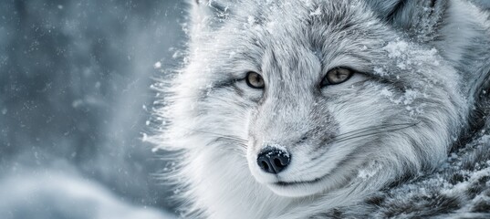 Obraz premium Adult Arctic fox stares through a blizzard as snowflakes settle on its white fur. This portrait shows the animal's intense eyes in the freezing cold.