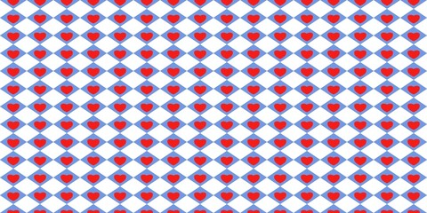 Seamless pattern with red hearts inside blue diamond shapes on white background. Perfect for romantic designs, gift wrapping paper, wallpapers, fabric prints, textile, backgrounds, and creative projec