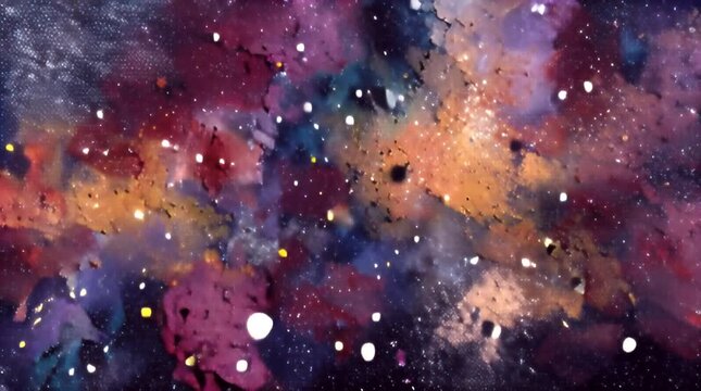 A textured, abstract composition features yellow, blue, and black hues, interspersed with white spots, and irregular shapes