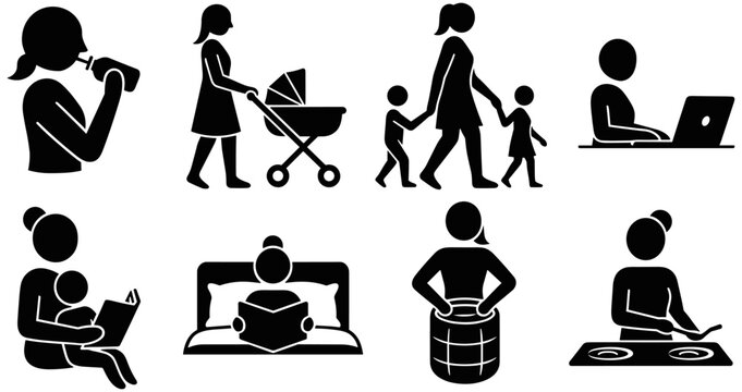 Caregiving and household silhouette icons set featuring parenting, laptop work, cooking, laundry, reading, breastfeeding, and daily lifestyle graphics
