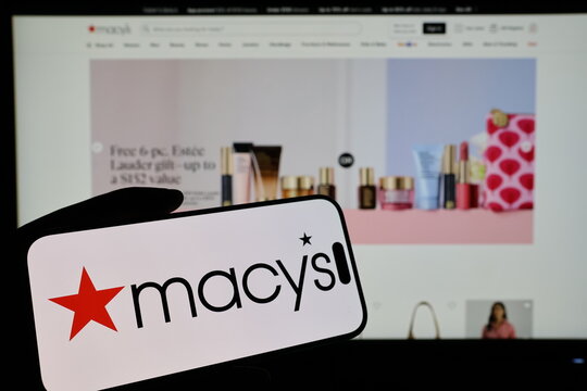 Kiel, Germany - 03-06-2026: Smartphone displaying US department store company Macy's logo in front of companys webpage