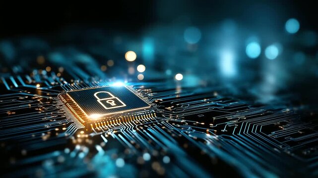 Futuristic illustration featuring padlock on circuit board, zero trust security concept, data protection and digital safety, neon glowing lines highlighting secure connection,