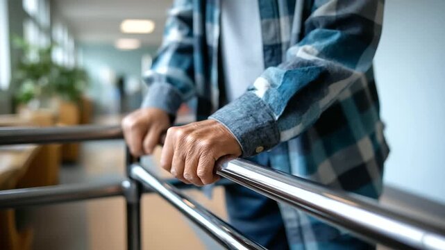 Faceless senior man hands holding parallel bars, defocused during physical therapy session, rehabilitation clinic, gait training, mobility support, with copy space