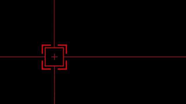 Minimal motion graphics animation showing a red target crosshair scanning and moving randomly over a black background. Concept of surveillance, tracking system, military targeting, radar detection.