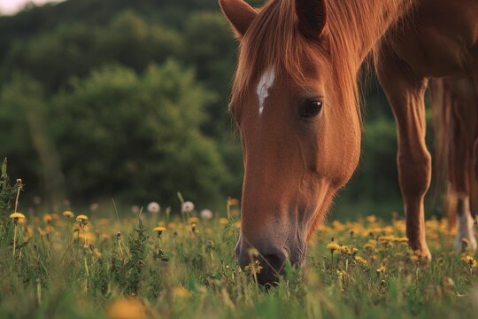 Chestnut Budyonny horse grazing in a bright summer meadow with dandelions