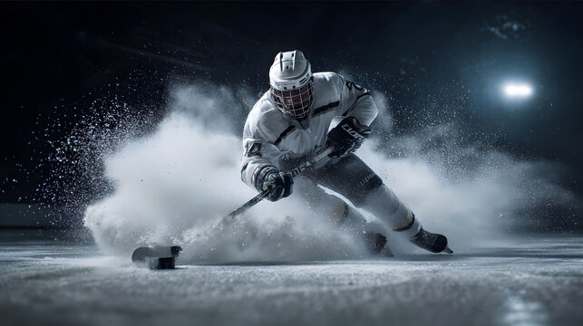 A dramatic action shot of a professional ice hockey player skating aggressively on an ice rink wearing white jersey and full protective gear sharp turn creating exp
