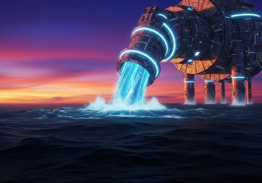 Giant futuristic siphon mechanism draining a vast, dark ocean into the sky, representing impossible resource theft and environmental crisis, abstract, vast, crisis
