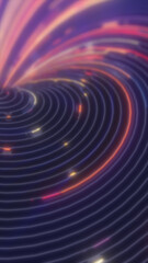 Obraz premium Neon vortex spiral with concentric rings and glowing light trails on deep purple blue background