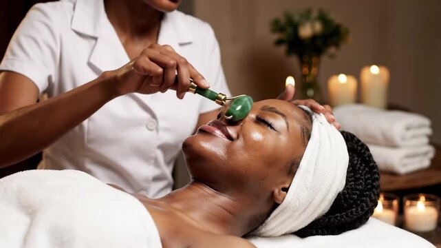 In a tranquil spa, a skilled professional administers a soothing facial treatment that incorporates a jade roller, enveloping the client in pure bliss.