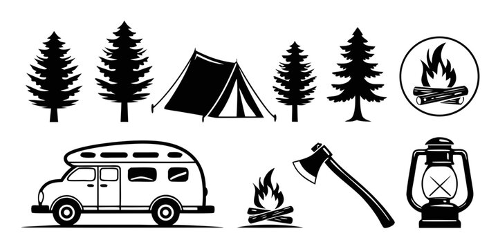 Illustration of camping gear and activities including a tent, campfire, and camper van. Vector