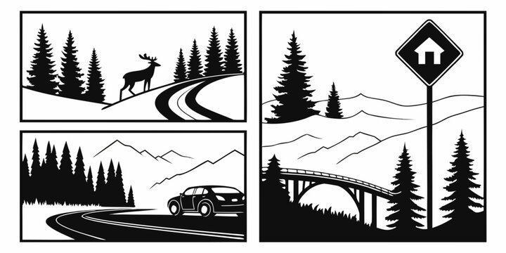 Four distinct winter scenes featuring a skier, a snowboarder, a snowy forest, and a mountain road sign Vector